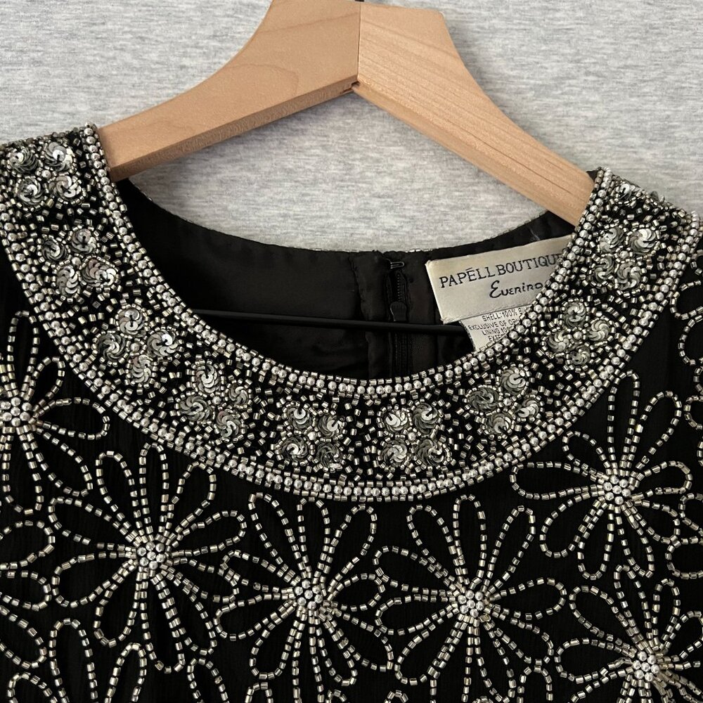 Vintage 90s Papell Boutique Evening Beaded Silk Top Womens XL Black Silver Spark - Picture 5 of 13
